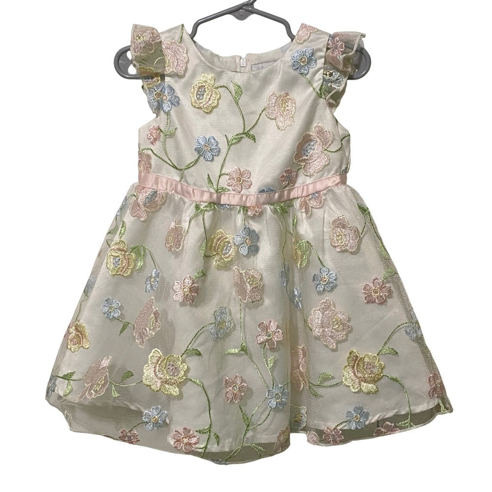 Toddler 2T Ivory Floral Embroidered Party Dress Flutter Sleeve Spring Easter